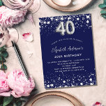 Postal De Invitación 40.º cumpleaños estrellas de plata azul marino gla<br><div class="desc">Una invitación moderna,  elegante y glamurosa para un fiesta de 40 años. Un fondo azul marino,  decorado con estrellas de imitación plateadas. Personalice y agregue su nombre y detalles del fiesta. El número 40 se escribe con un tipo de letra de estilo globo.</div>