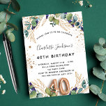 Postal De Invitación 40.º cumpleaños eucalipto verde purpurina elegante<br><div class="desc">Por un fiesta de 40 años. Un fondo blanco decorado con vegetación eucaliptos y hojas doradas. Lugares purpurinas de imitación dorada. Personalice y agregue sus nombres y detalles del boda. Letras de color negro y dorado. El número 40 se escribe con el tipo de letra de estilo globo. Parte posterior:...</div>