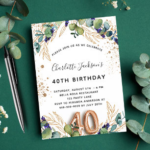 Postal De Invitación 40.º cumpleaños eucalipto verde purpurina elegante