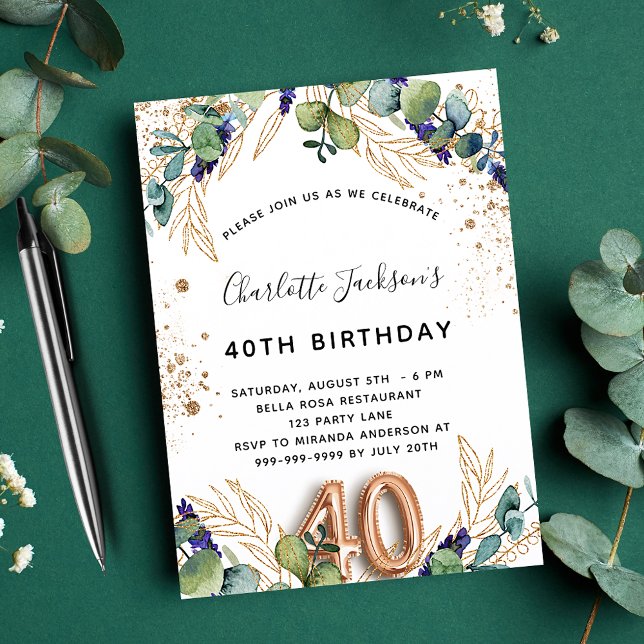 Postal De Invitación 40.º cumpleaños eucalipto verde purpurina elegante (Subido por el creador)