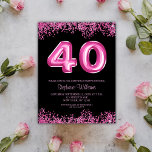 Postal De Invitación 40.º cumpleaños Fiesta Purpurina de globos rosados<br><div class="desc">🎉 🥳 Decore el tono de un moderno, elegante y glamuroso fiesta de 40 años con esta impresionante invitación postal. 💖 ✨ El diseño combina el rosa y el negro, con un aire de sofisticación y elegancia. El número 40 ocupa el centro del escenario, maravillosamente escrito con una fuente estilo...</div>