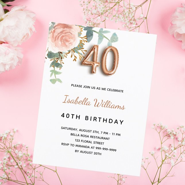 Postal De Invitación 40.º cumpleaños rosa floral oro eucalipto verde (Subido por el creador)