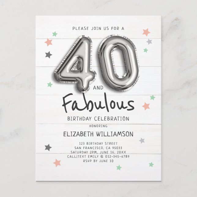 Postal De Invitación 40 y fabulosas estrellas de globos de Relieve meta (Anverso)