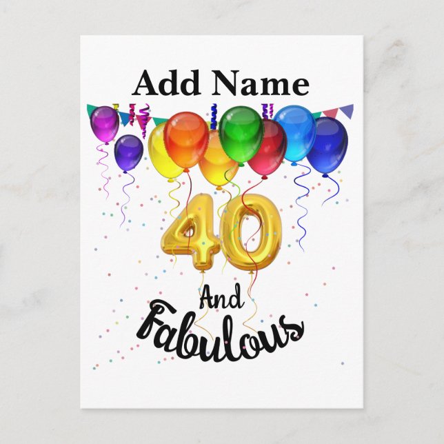 Postal De Invitación 40 y fabulosos globos de cumpleaños (Anverso)