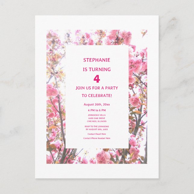 Postal De Invitación 4.ª floral de cumpleaños cuarto Personalizado de e (Anverso)