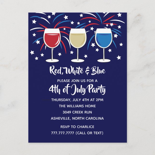 Postal De Invitación 4 de julio Fiesta rojo blanco y azul (Anverso)