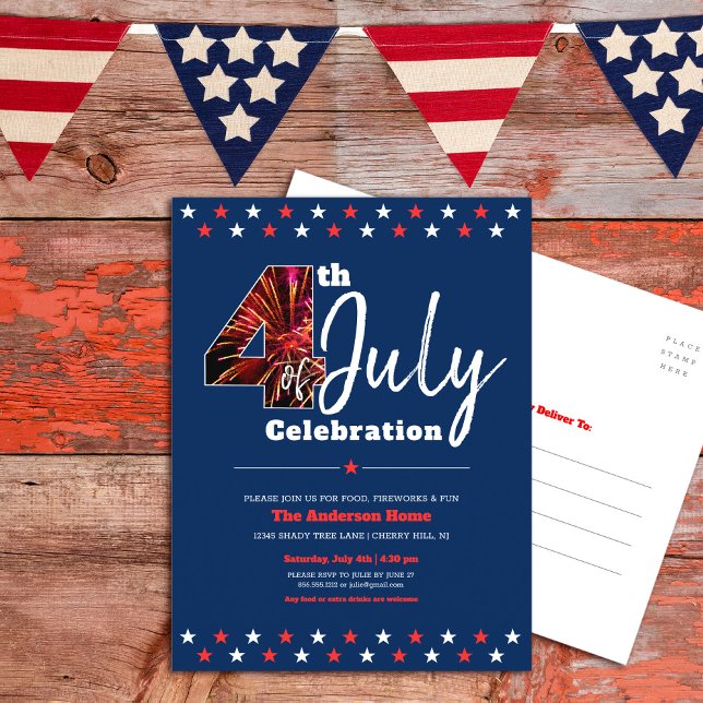 Postal De Invitación 4 de julio Negrita Fuegos artificiales Modernos US (Subido por el creador)