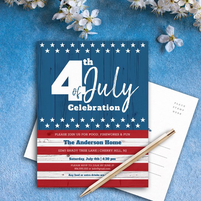 Postal De Invitación 4 de julio Patriótico Rustic Wood Bandera American (Subido por el creador)