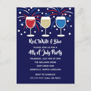 Postal De Invitación 4to del fiesta blanco y azul del rojo de vino de
