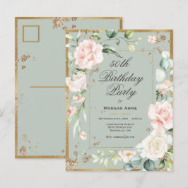 Postal De Invitación 50.ª acuarela de oro verde de cumpleaños