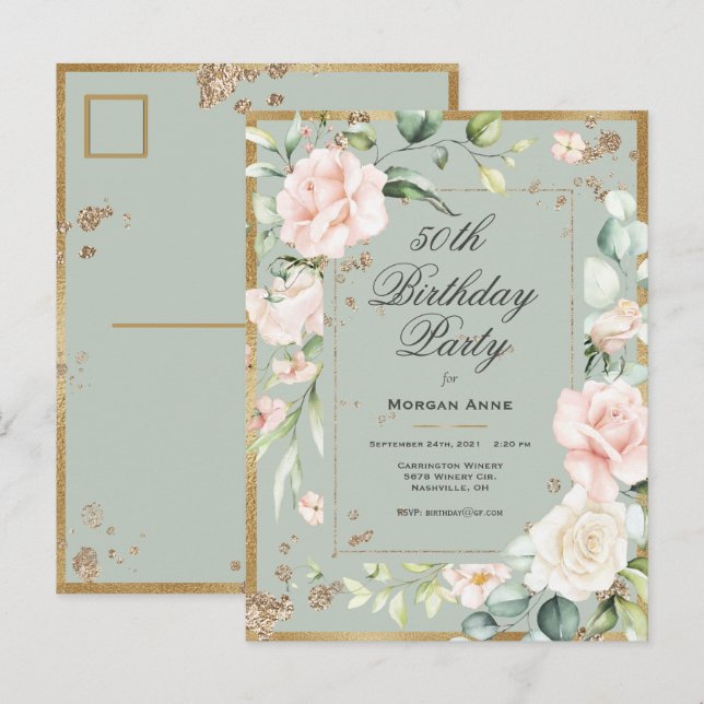 Postal De Invitación 50.ª acuarela de oro verde de cumpleaños (Anverso / Reverso)