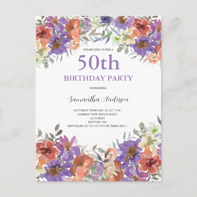 Postal De Invitación 50.ª acuarela floral (Anverso)