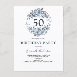 Postal De Invitación 50.ª acuarela floral azul
