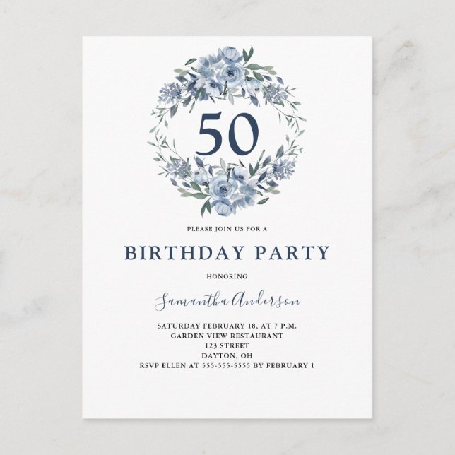 Postal De Invitación 50.ª acuarela floral azul (Anverso)