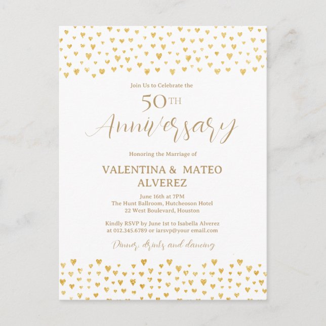Postal De Invitación 50.º Boda Aniversario del Corazón de Oro Confetti (Anverso)