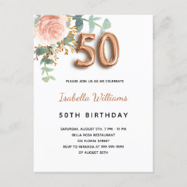 Postal De Invitación 50.º cumpleaños rosa floral oro eucalipto verde