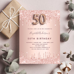 Postal De Invitación 50.º rosa de cumpleaños purpurina de oro rosa