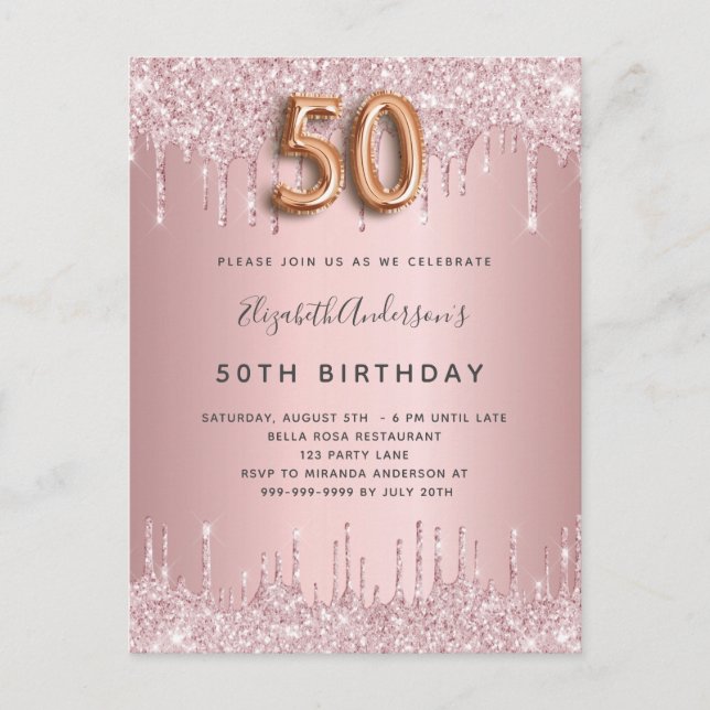 Postal De Invitación 50.º rosa purpurina de cumpleaños con polvorientos (Anverso)