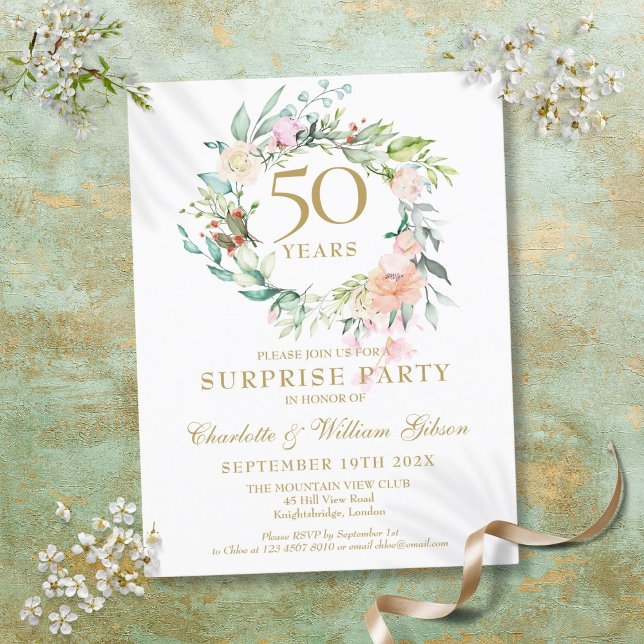 Postal De Invitación 50° Aniversario Sorpresa Fiesta Rosas Garland (50th Anniversary Surprise Party Roses Garland Invitation Postcard)