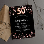 Postal De Invitación 50 años rosa negro estrellas de oro<br><div class="desc">Un fondo negro clásico,  decorado con estrellas doradas subió. Personalice y agregue un nombre y detalles del fiesta. El número se escribe con un guión de estilo globo.</div>