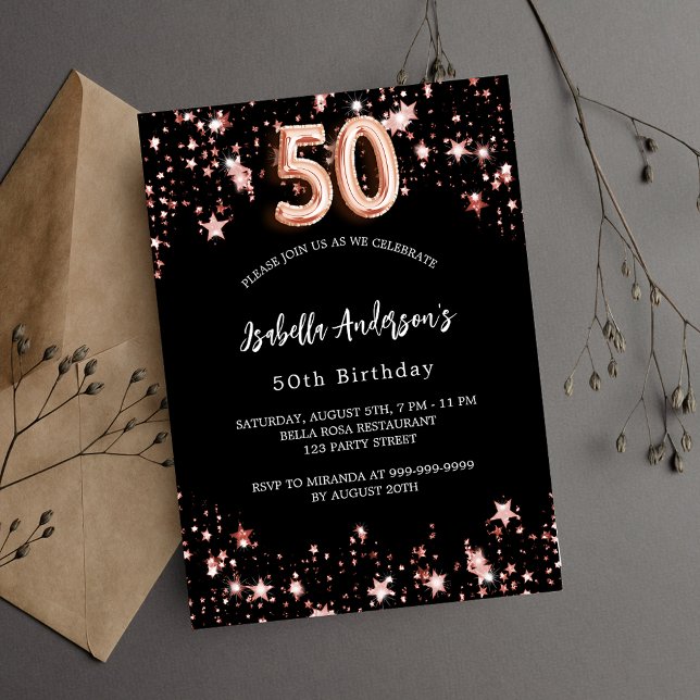 Postal De Invitación 50 años rosa negro estrellas de oro (Subido por el creador)