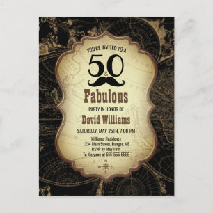 Postal De Invitación 50 Fabuloso Mustache Vintage Map Fiesta de cumplea