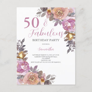 Postal De Invitación 50 y fabulosa fiesta de cumpleaños floral acuarela