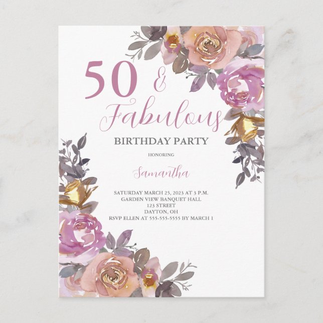 Postal De Invitación 50 y fabulosa fiesta de cumpleaños floral acuarela (Anverso)