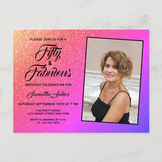 Postal De Invitación 50 y fabulosa foto Purpurina rosa elegante (Anverso)