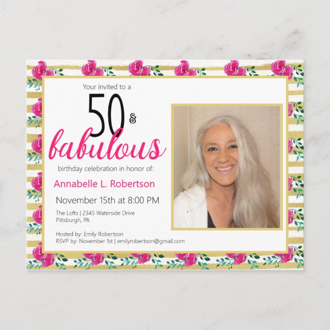 Postal De Invitación 50 y fabuloso cumpleaños Gold Pink Floral (Anverso)