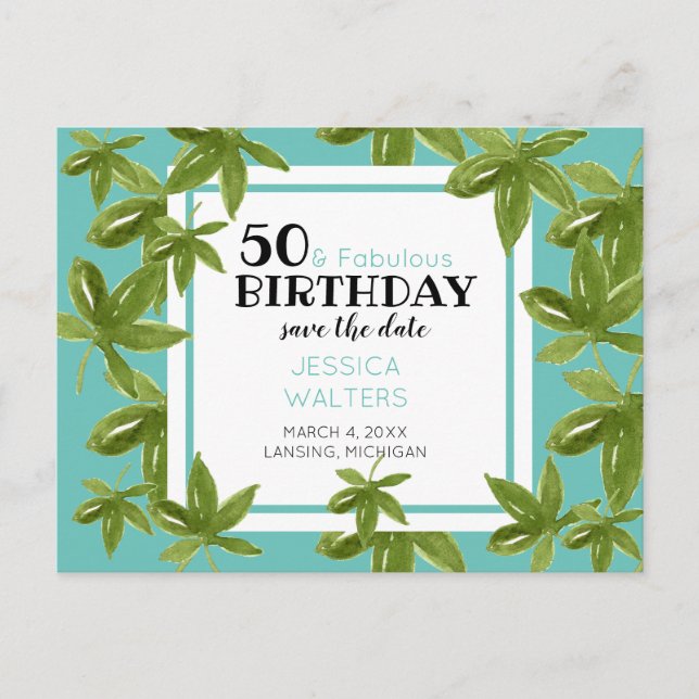Postal De Invitación 50 y fabuloso cumpleaños tropical Salven la fecha (Anverso)