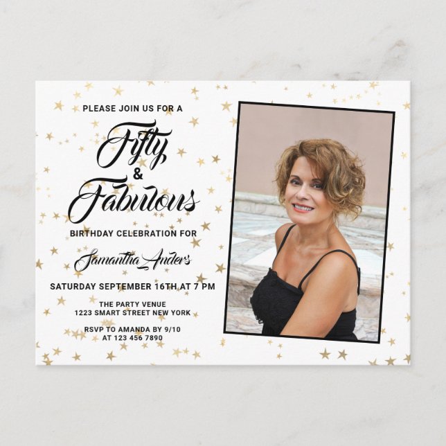Postal De Invitación 50 y Fabulous Elegant Gold Stars Photo (Anverso)