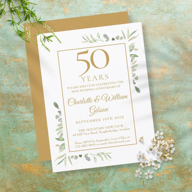 Postal De Invitación 50th Golden Wedding Anniversary Greenery  (Subido por el creador)