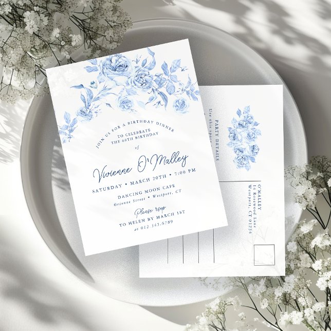 Postal De Invitación 60.ª Cena de Cumpleaños Fiesta Floral Azul (Subido por el creador)