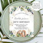 Postal De Invitación 60.º cumpleaños eucalipto verde purpurina elegante<br><div class="desc">Para una fiesta de cumpleaños número 60. Un fondo blanco decorado con vegetación eucaliptos y hojas doradas. Lugares purpurinas de imitación dorada. Personalice y agregue sus nombres y detalles del boda. Letras de color negro y dorado. El número 60 se escribe con el tipo de letra de estilo globo. Parte...</div>