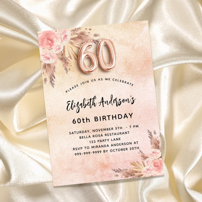 Postal De Invitación 60.º cumpleaños pampas rosa florales de oro (Subido por el creador)