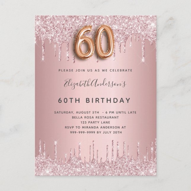 Postal De Invitación 60.º rosa purpurina de cumpleaños con polvorientos (Anverso)