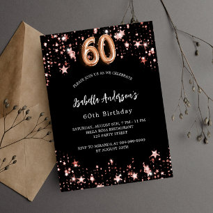 Postal De Invitación 60 años rosa negro estrellas de oro