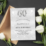 Postal De Invitación 60 cumpleaños plata despierta glamoroso elegante<br><div class="desc">Una invitación moderna, elegante y glamurosa para una fiesta de cumpleaños número 60. Un fondo falso plateado, decorado con polvo purpurina. Personalice y agregue su nombre y detalles del fiesta. El número 60 se escribe con un tipo de letra, guión. Fondo plateado, diseño postal. Sugerencia: Si no desea que se...</div>