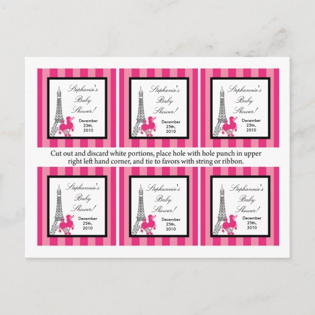 Postal De Invitación 6 Etiquetas Favoritas Pink Poodle Paris Torre Eiff (Anverso)