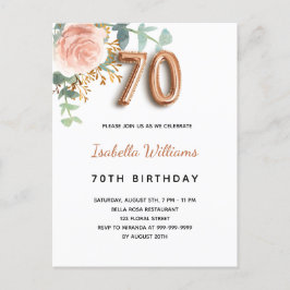 Postal De Invitación 70.º cumpleaños rosa floral oro eucalipto verde