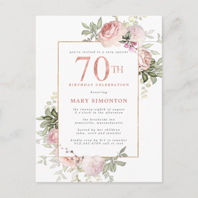 Postal De Invitación 70.º cumpleaños Rubor Rosa Floral (Anverso)
