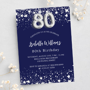 Postal De Invitación 80.º cumpleaños estrellas de plata azul marino