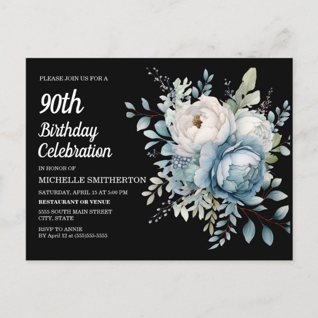 Postal De Invitación 90 Aniversario de la Flora Azul Blanca Negra (Anverso)