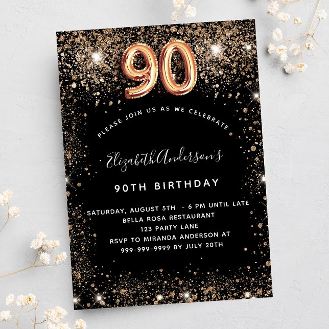 Postal De Invitación 90 años purpurina de oro negro chispas (Subido por el creador)