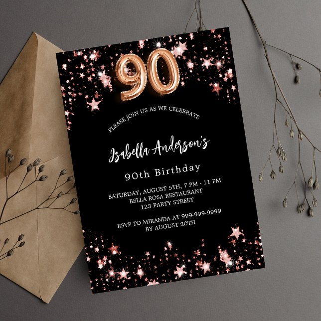 Postal De Invitación 90 años rosa negro estrellas de oro (Subido por el creador)
