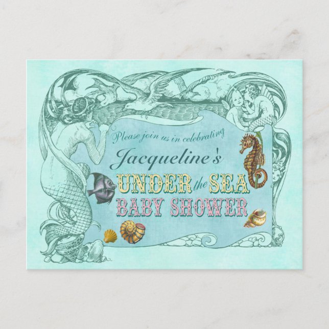 Postal de invitación a Baby Shower bajo el mar (Anverso)