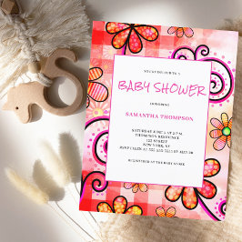 Postal de invitación a Baby Shower con flores rosa
