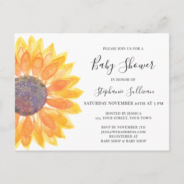 Postal de invitación a Baby Shower con girasol ama (Anverso)