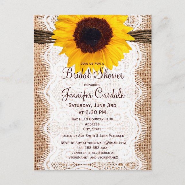 Postal de invitación a ducha de novia con girasol  (Anverso)